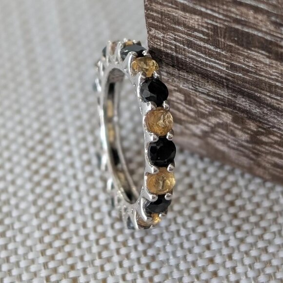 Black Spinel and Citrine Eternity Ring in Sterling Silver - Engagement Ring 4.5 - Picture 1 of 7